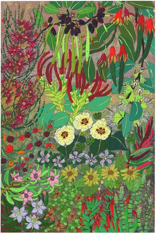Illustration of diverse colorful flowers and green foliage.