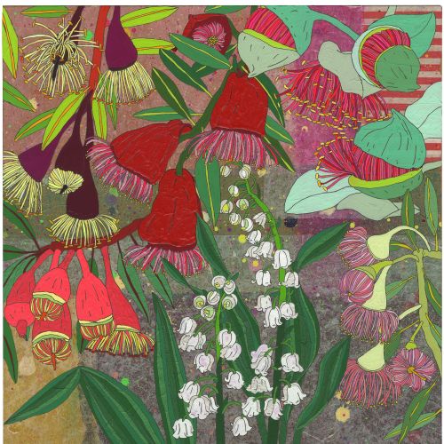 Illustration of diverse exotic flowers with green leaves on textured background