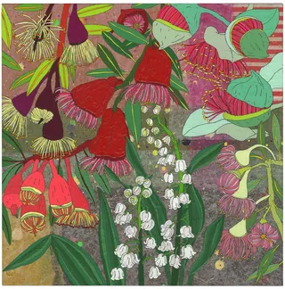 Illustration of diverse exotic flowers with green leaves on textured background