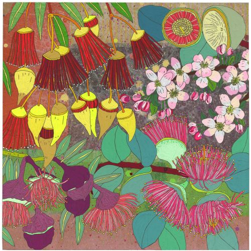 Illustration of vibrant exotic flowers and green leaves with fine details