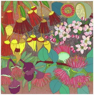 Illustration of vibrant exotic flowers and green leaves with fine details