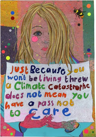 Girl holding a sign about climate change catastrophe and caring message.