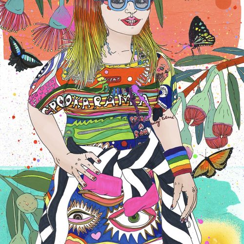 Person with rainbow hair, striped pants, and butterflies around colorful foliage