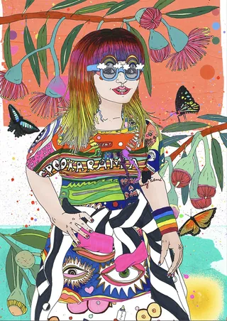 Person with rainbow hair, striped pants, and butterflies around colorful foliage