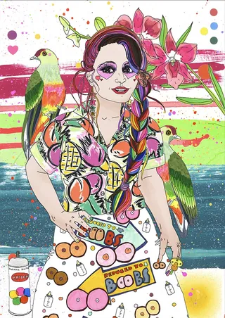 Artistic colorful woman with braided hair and tropical birds in a vibrant background
