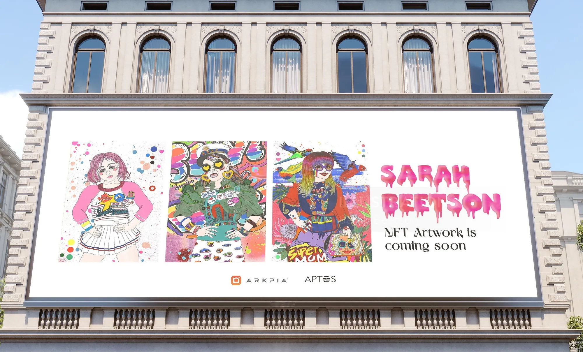 Cartelera con arte pop vibrante y texto que anuncia la próxima obra de arte NFT de Sarah Bretson.