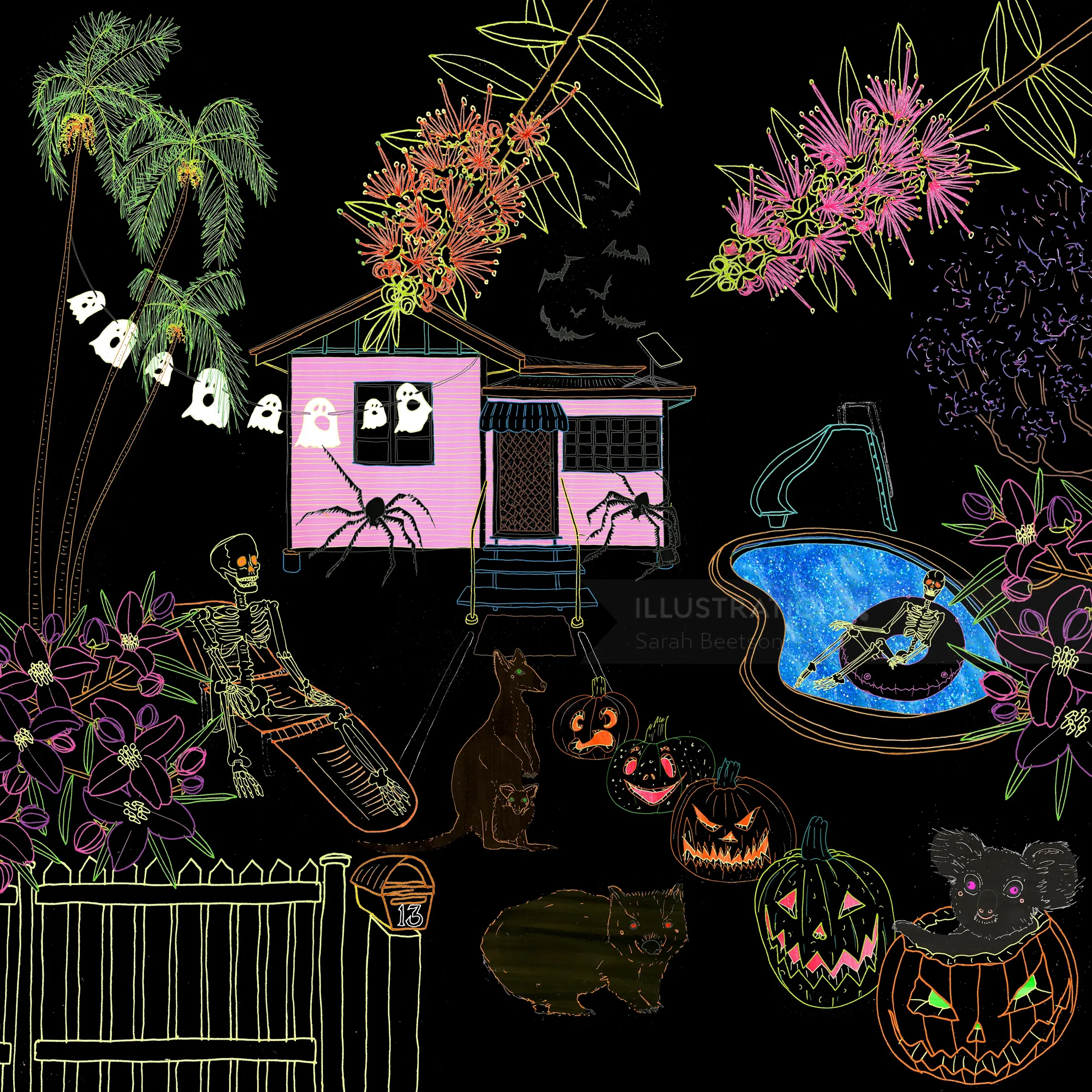 Halloween decorations with skeleton, jack-o-lanterns, and ghost lights outdoors