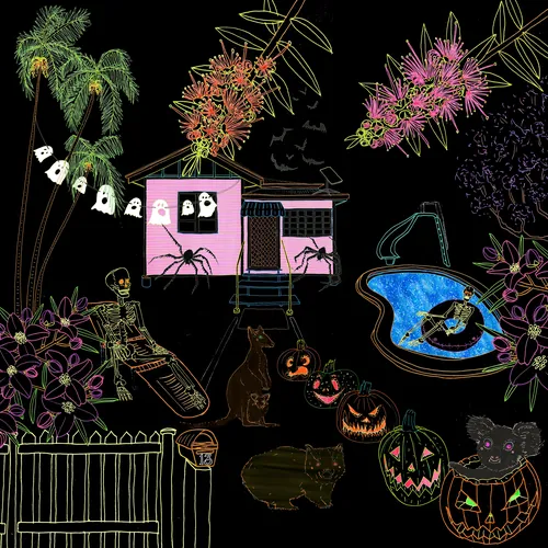 Halloween decorations with skeleton, jack-o-lanterns, and ghost lights outdoors