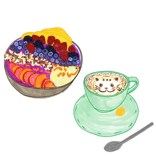 Flat white coffee with cat latte art and acai bowl with fruits