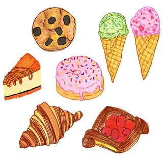 Assorted colorful dessert icons with donut, gelato cones, cherry danish and croissant
