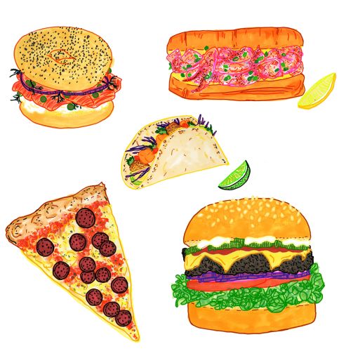 Fast Food Icons - Burger, Pizza, Bagel, Taco, Lobster Roll