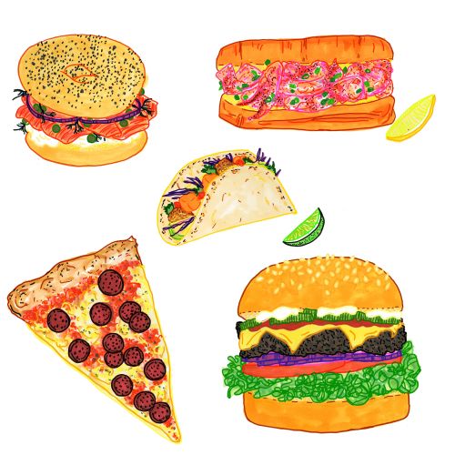 Colorful illustration of burger, pizza slice, taco, bagel sandwich, and lobster roll