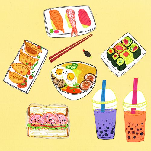 Japanese food icons: sushi, ramen, gyoza, prawn sandwich, and bubble tea drinks