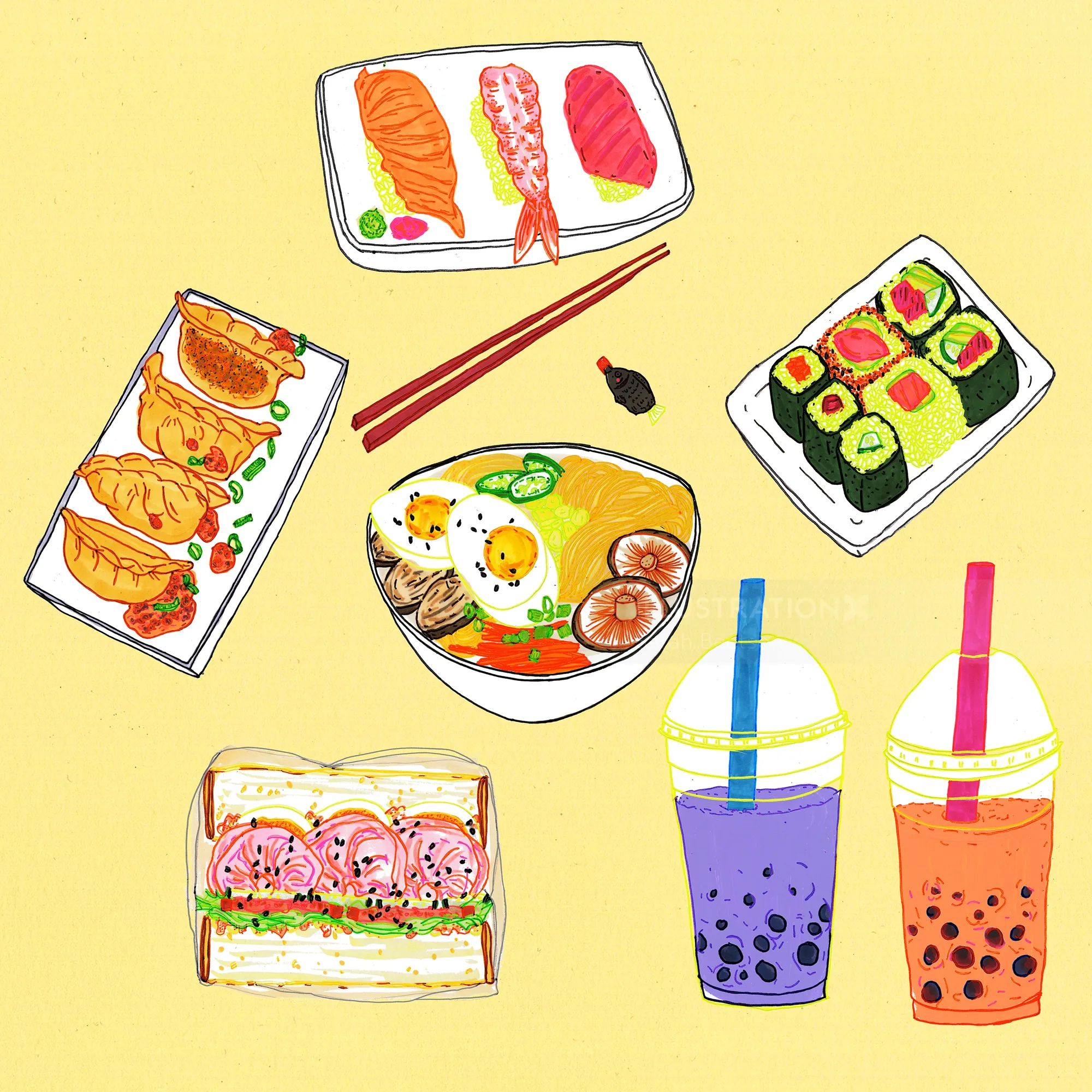 Japanese food icons: sushi, ramen, gyoza, prawn sandwich, and bubble tea drinks