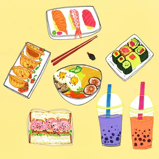 Japanese food icons: sushi, ramen, gyoza, prawn sandwich, and bubble tea drinks