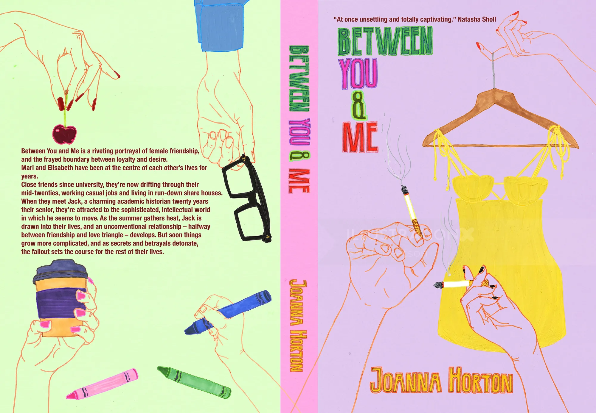 Illustrated book cover with hands drawing and holding objects