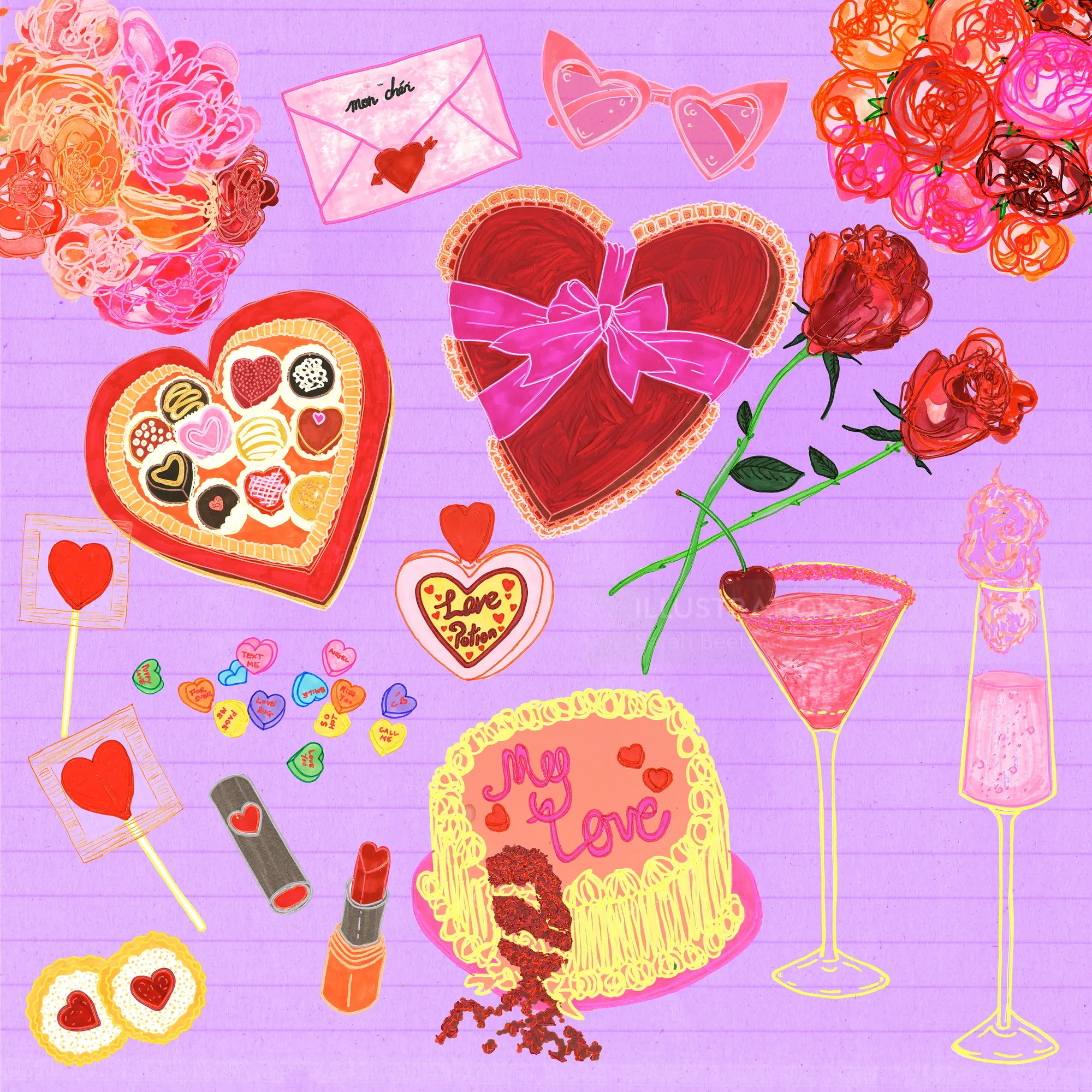 Doces, corações, rosas e bebidas para o Dia dos Namorados em fundo rosa