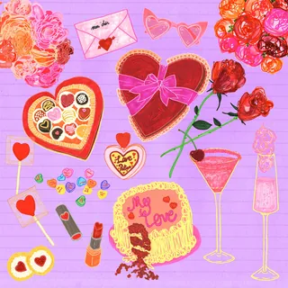 Valentine's Day sweets, hearts, roses, and drinks on pink background