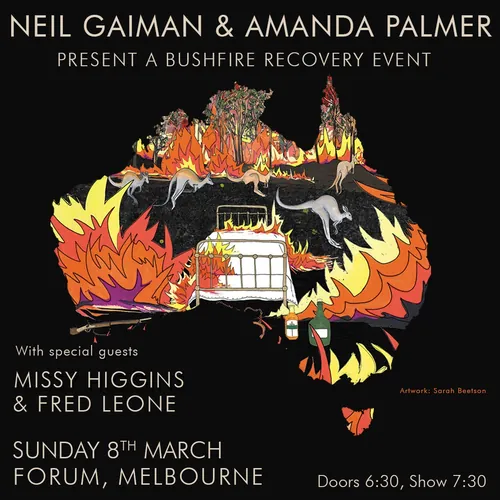 Map of Australia with bushfires illustration promoting recovery event