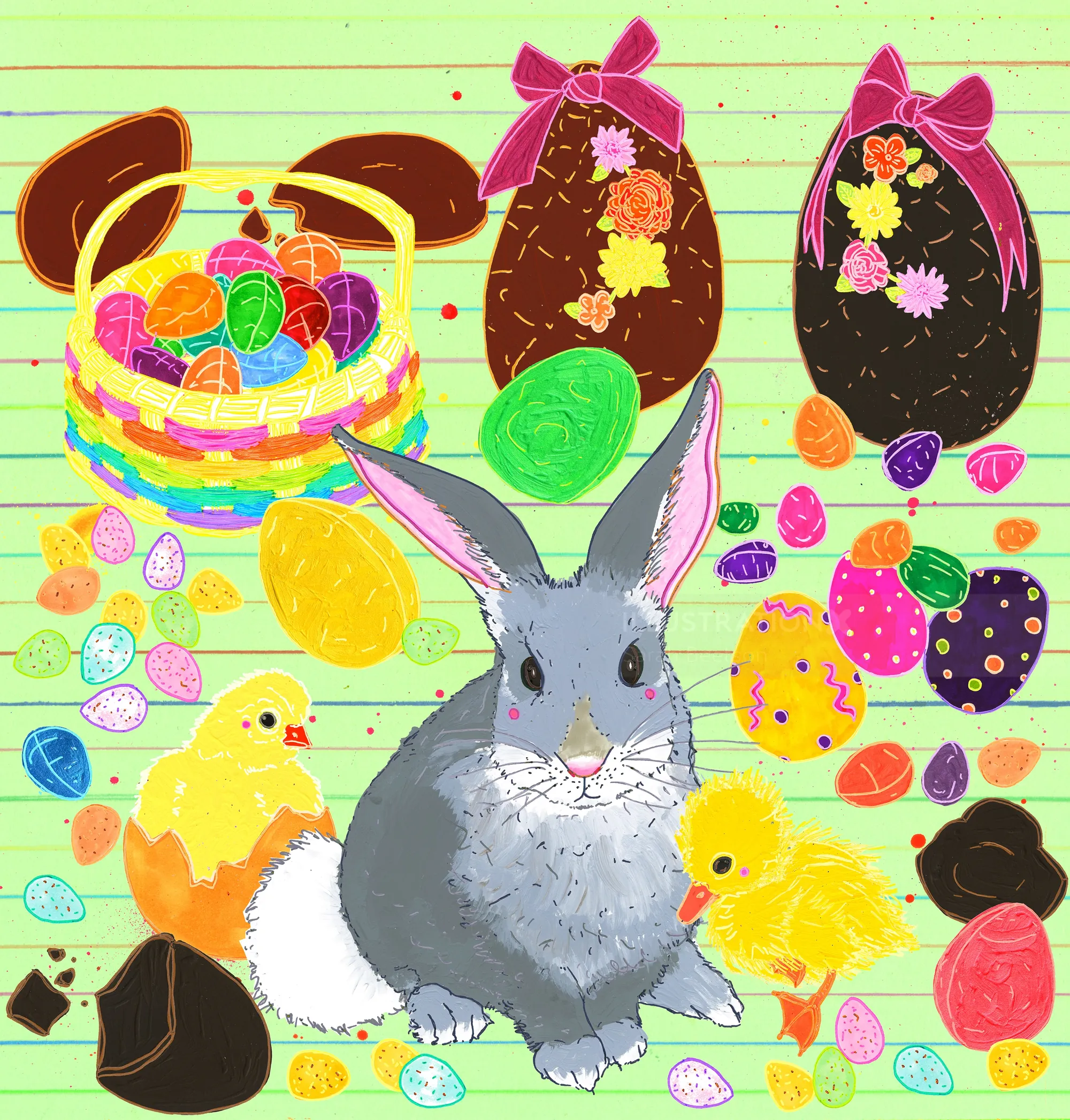 Easter bunny, chicks, chocolate eggs, and decorated eggs on table