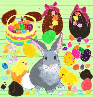 Easter bunny, chicks, chocolate eggs, and decorated eggs on table