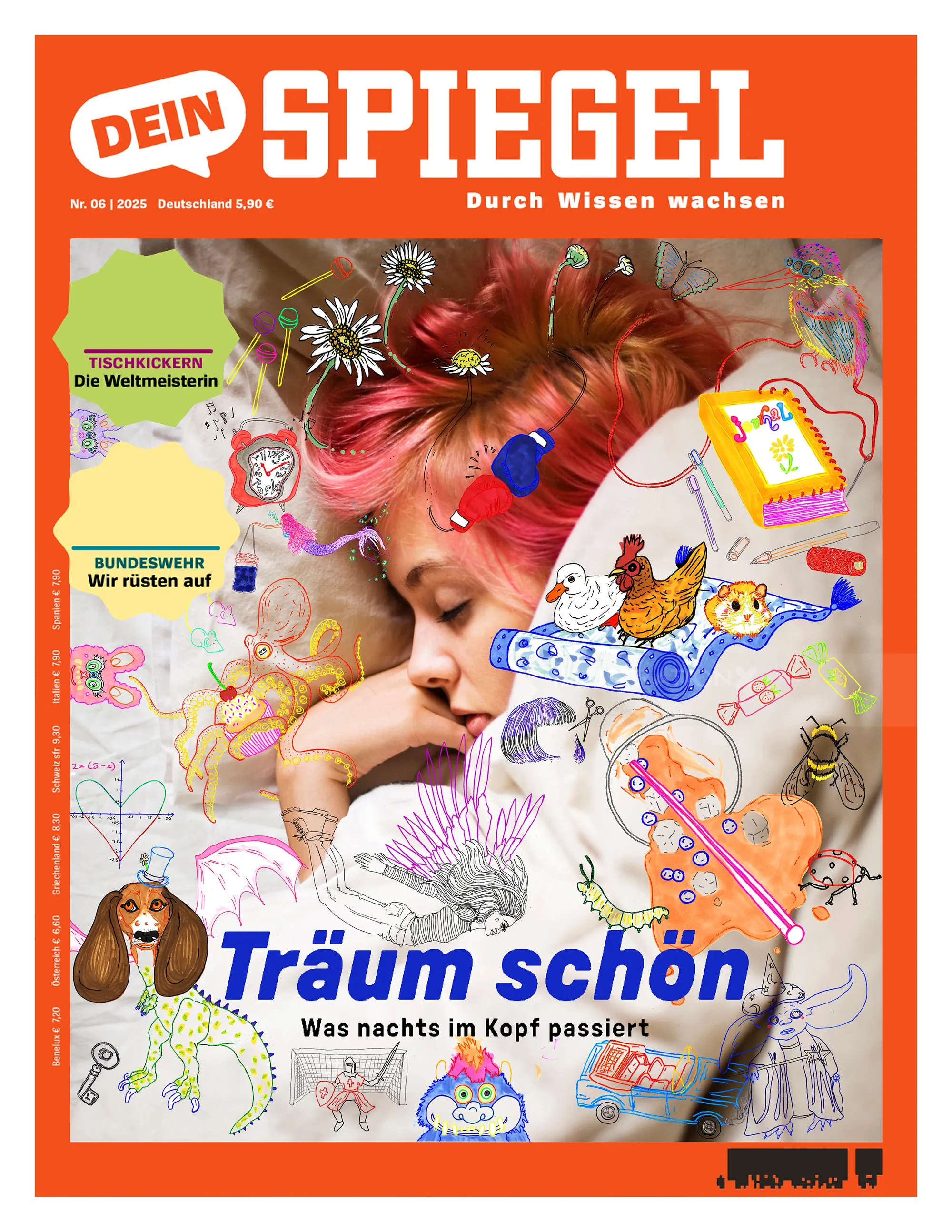 Child asleep surrounded by colorful dream illustrations