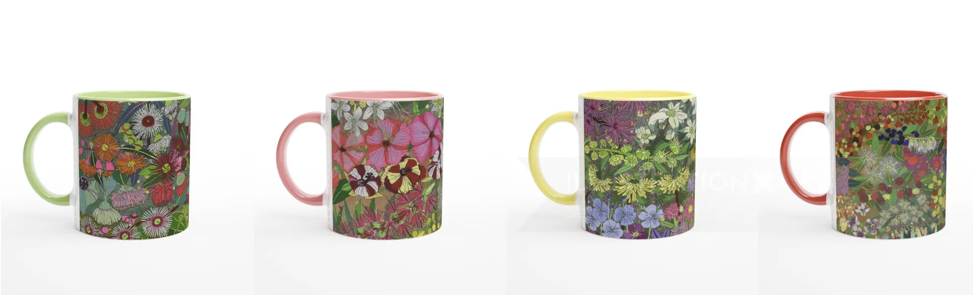 Four ceramic mugs with different colorful floral illustrations by Sarah Beetson