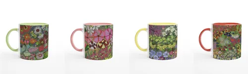 Four ceramic mugs with different colorful floral illustrations by Sarah Beetson