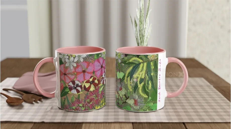 Two ceramic mugs with floral and leaf patterns by Sarah Beetson