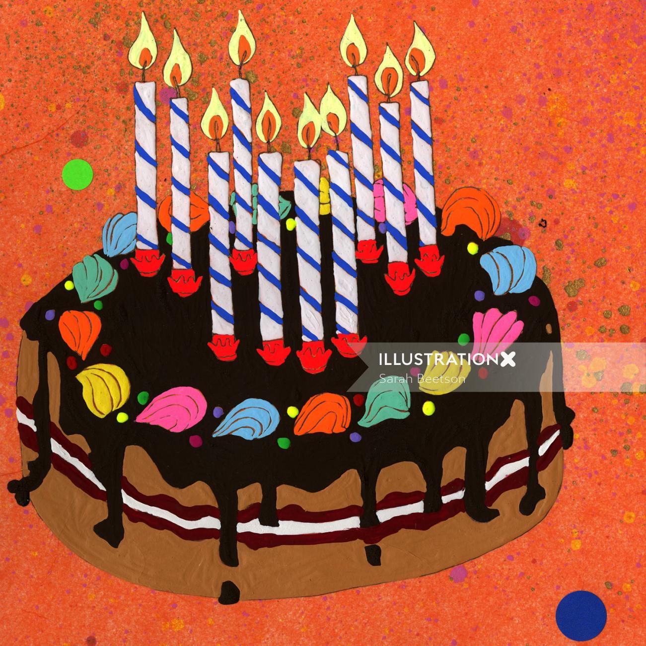 Pastel de cumpleaños con velas - Una ilustración de Sarah Beetson