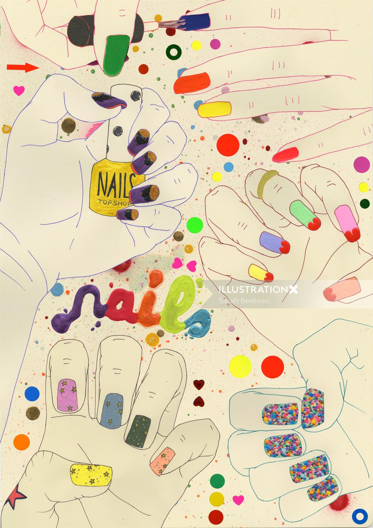 Illustration des ongles colorés par Sarah Beetson