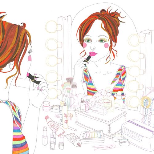 Putting on makeup at dressing table - An illustration by Sarah Beetson