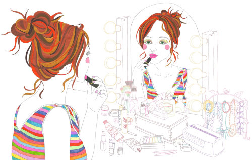 Putting on makeup at dressing table - An illustration by Sarah Beetson