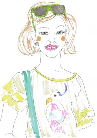 Hand-drawn portrait of a smiling young girl with sunglasses and colorful outfit