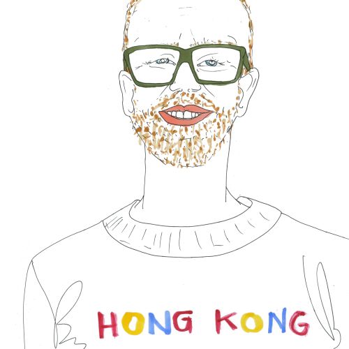 Illustration of man with glasses, beard, and Hong Kong 1997 shirt