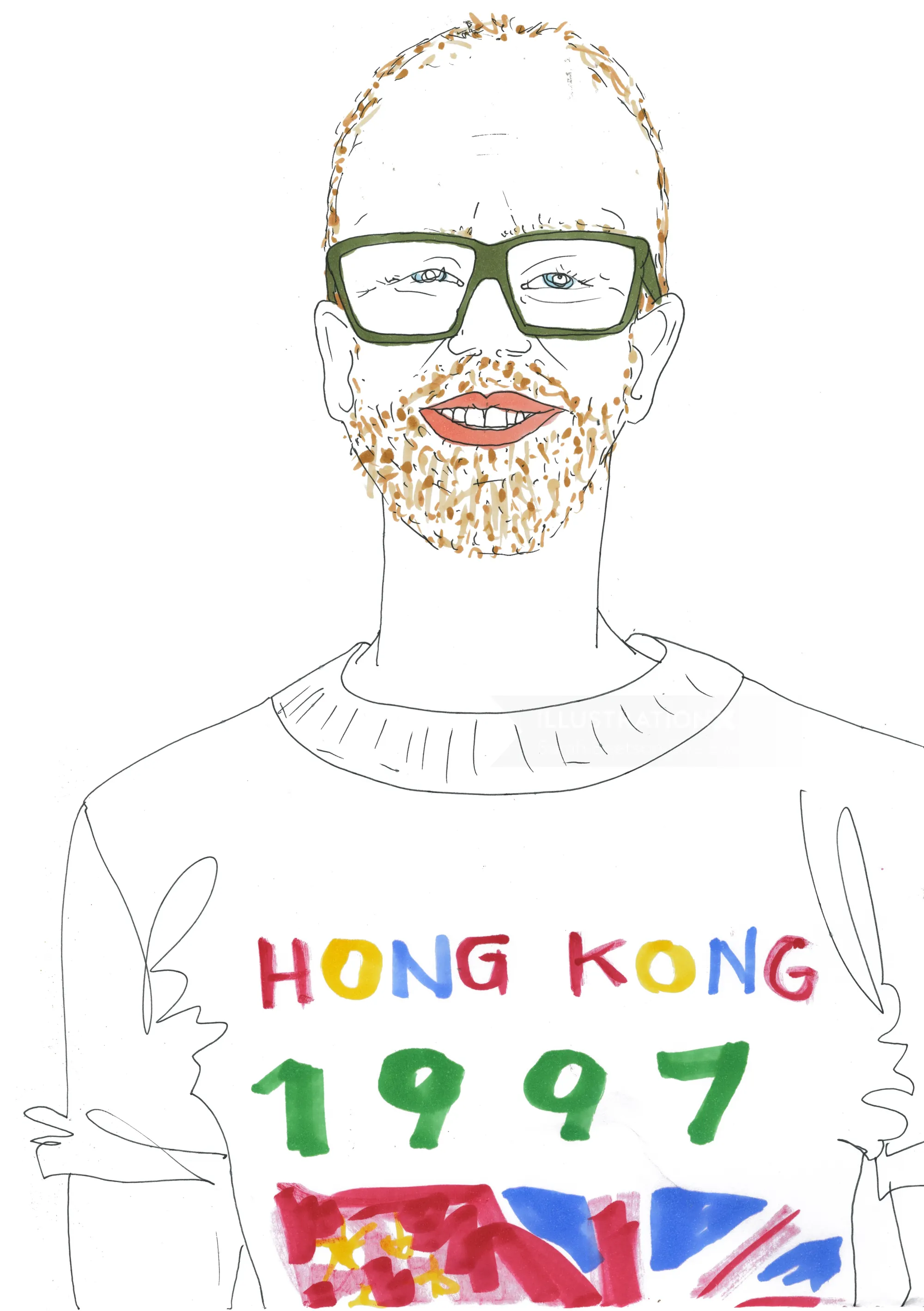 Ilustración de un hombre con gafas, barba y camiseta de Hong Kong 1997