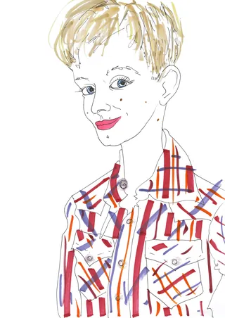 Hand-drawn illustration of a young boy in a colorful plaid shirt