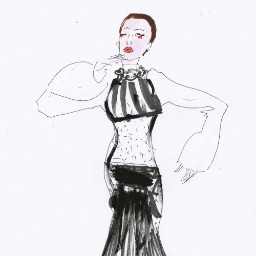 Fashion sketch of a woman in a black and white striped dress