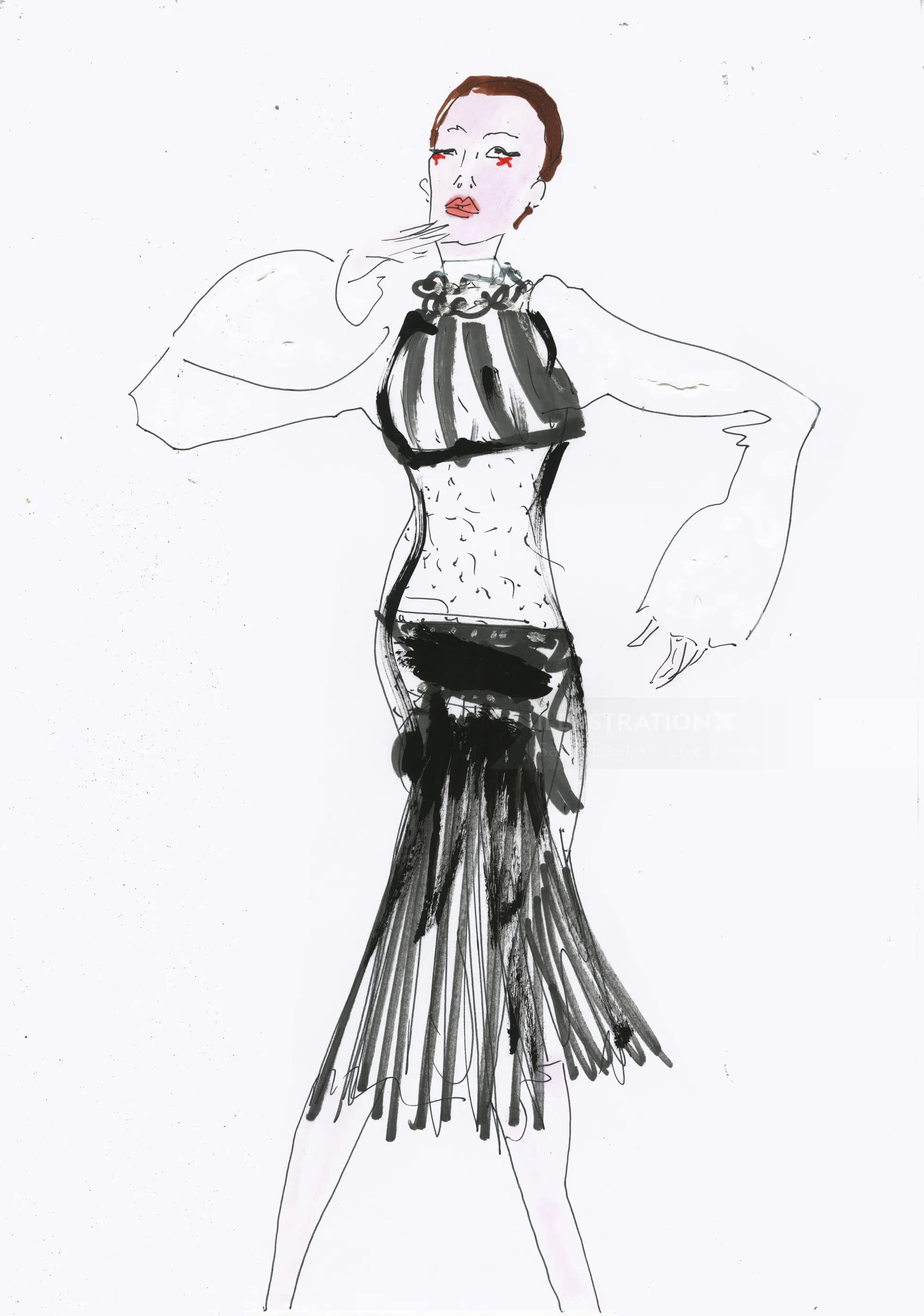 Fashion sketch of a woman in a black and white striped dress
