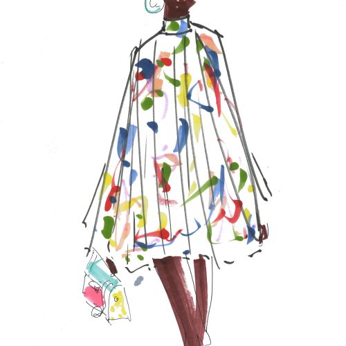 Fashion illustration of a model wearing Balmain pre-fall 2024 colorful cape dress