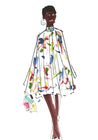Fashion illustration of a model wearing Balmain pre-fall 2024 colorful cape dress