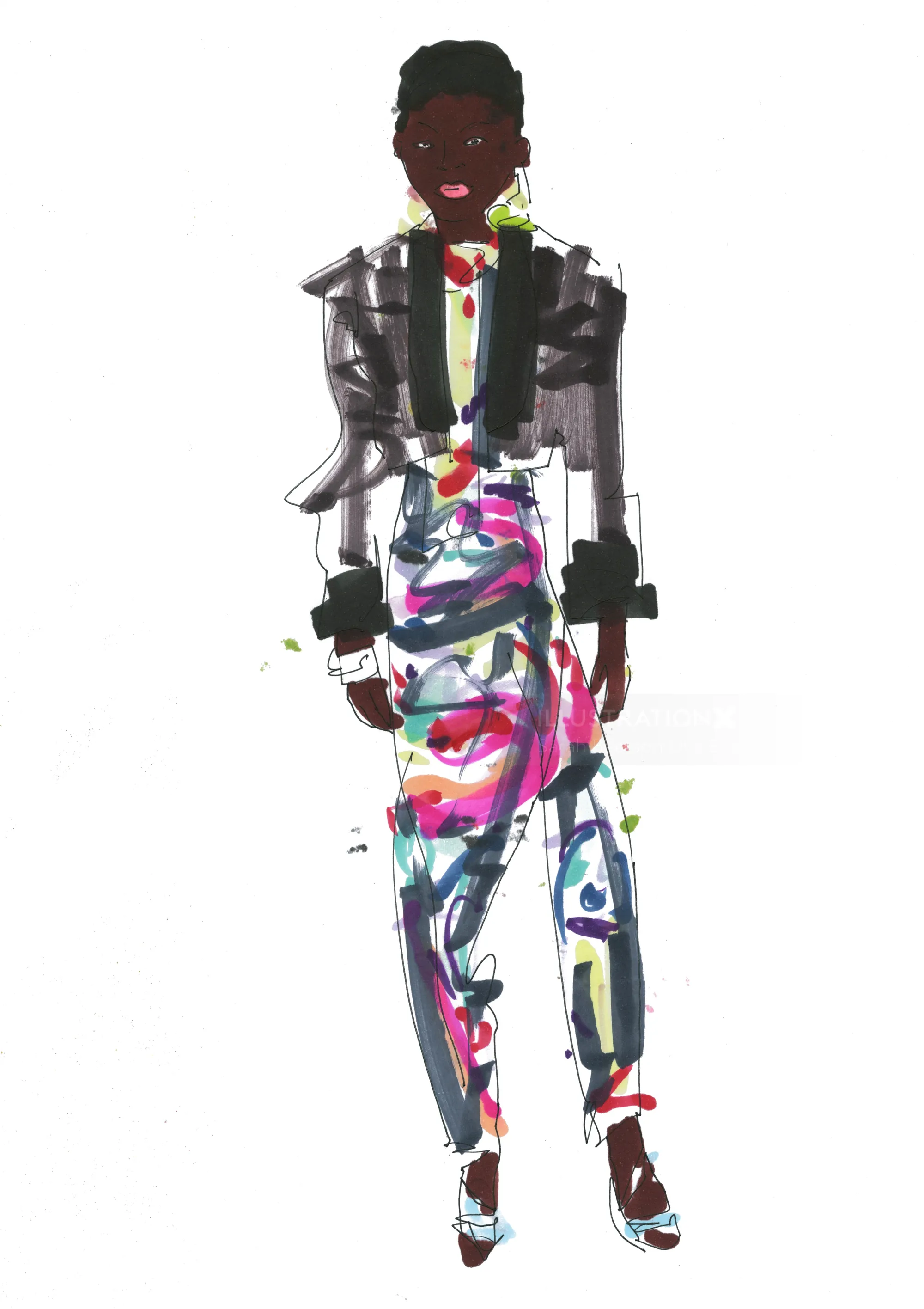 Fashion illustration of Balmain tuxedo outfit by Sarah Beetson Live Event Drawing