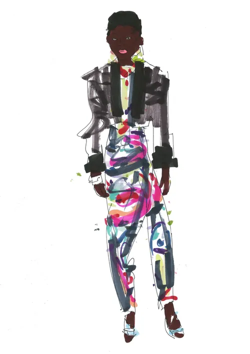Sarah Beetson 现场活动绘画作品：Balmain 燕尾服套装时尚插画