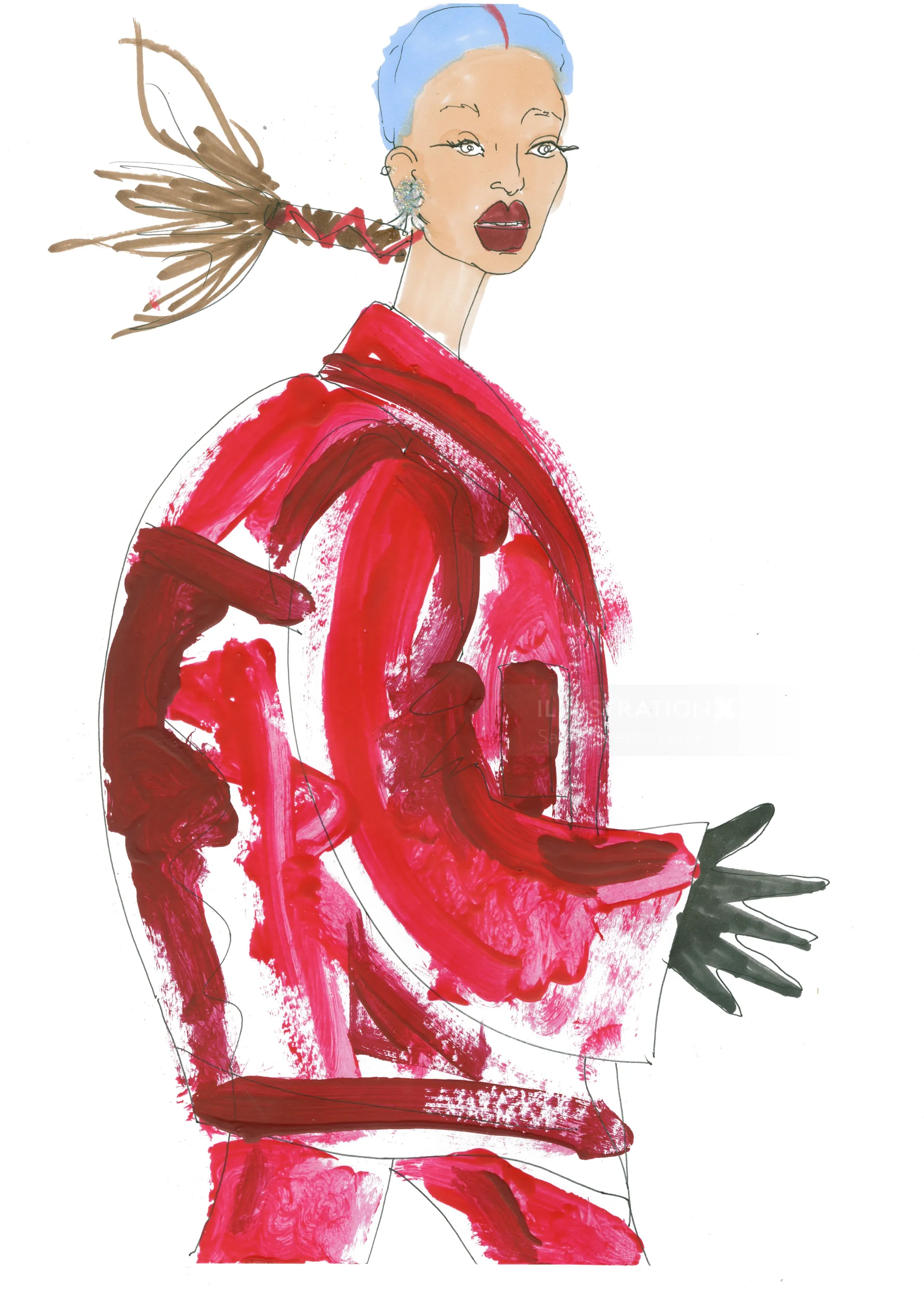 Fashion illustration of woman in bold red jacket with blue hair