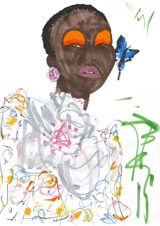 Portrait of a woman with bright orange eyeshadow and butterfly