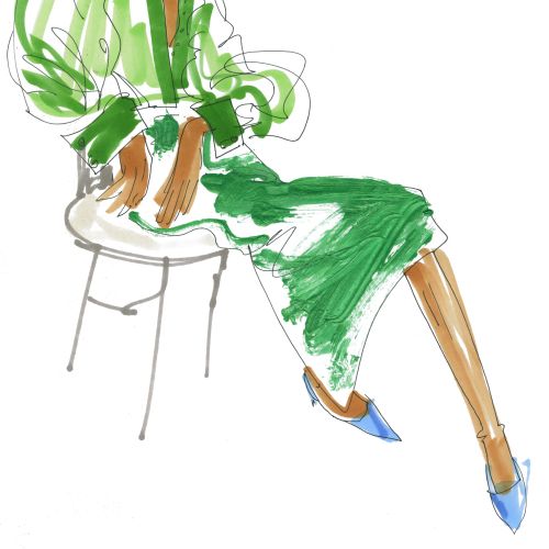 Fashion illustration of woman in green satin blouse and skirt