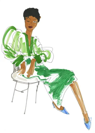 Fashion illustration of woman in green satin blouse and skirt