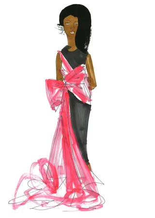Fashion illustration of a model in a black dress with a large pink bow