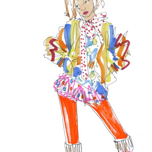 Stylized drawing of girl in colorful rainbow jacket and red leggings