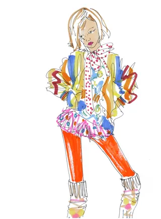 Stylized drawing of girl in colorful rainbow jacket and red leggings